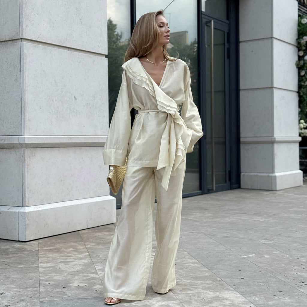Women's V-Neck Ruffle Top & Wide-Leg Pants Set
