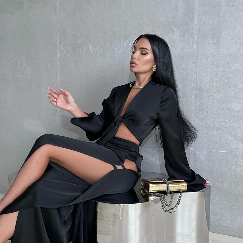 Autumn Elegant Tied Top Hollow Out Cutout Split Long Sleeve