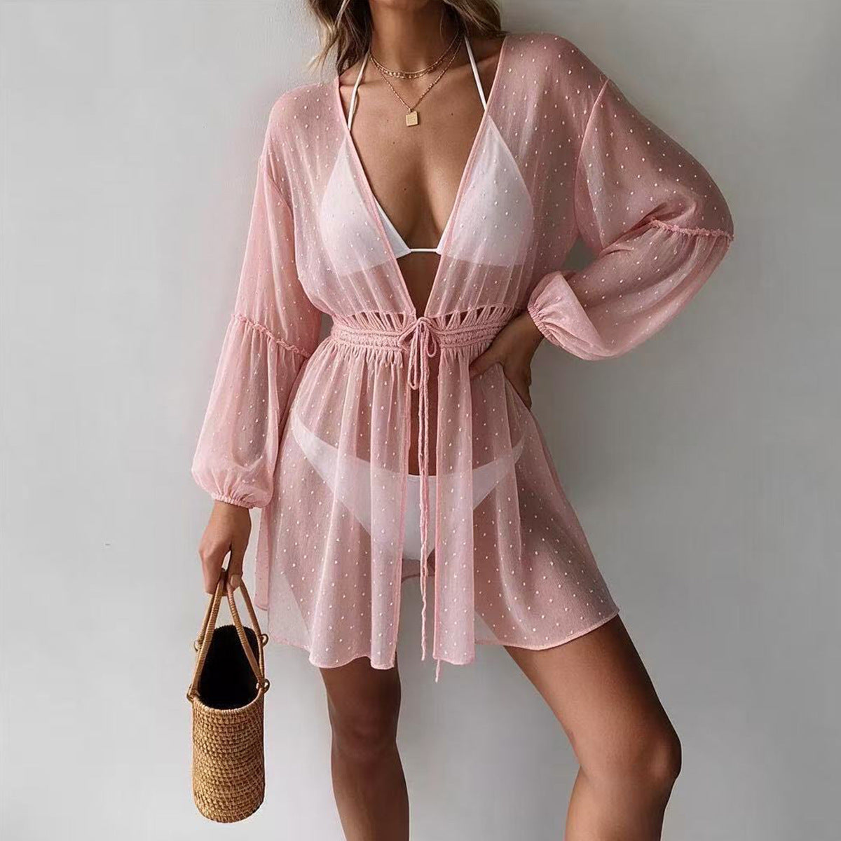 Women's Lace Beach Vacation V Neck Hand Crocheting Hollow Out Cutout Flounce Trim Lace Up Polka Dot Fabric Cardigan Beach Cover Up For Women