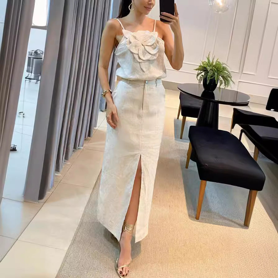 Three Dimensional Floral Strap Top Pocket Skirt Cotton Linen Set