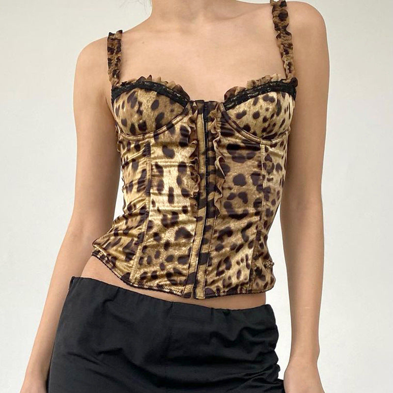 Women's Women’s Leopard Print Lace Trim Corset Crop Top