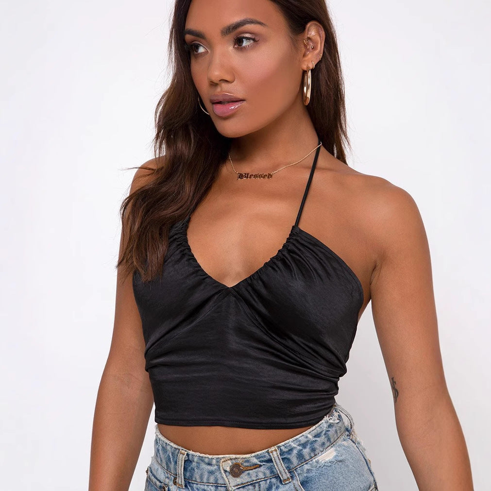 Solid Color Halter Lace Up Backless Small Sling Top