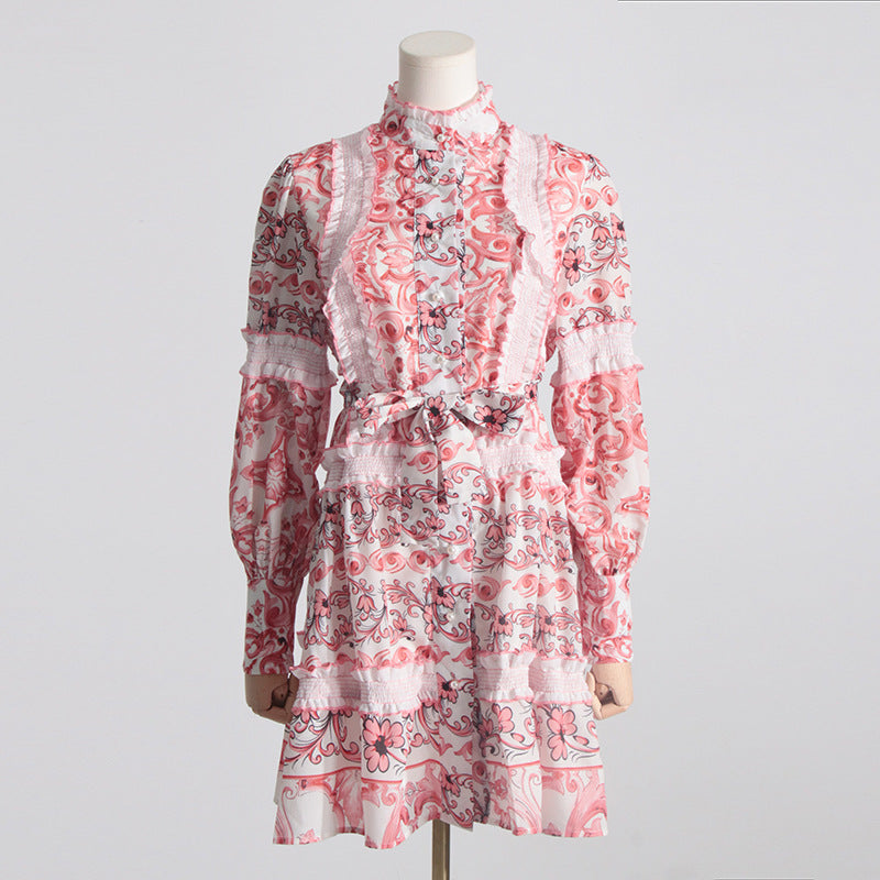 Women's Spring Summer French Stand-Up Collar Lace Lace Up Waist Controlled Slimming Lantern Sleeves Dress Stitching Short Dress