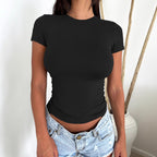 Women’s Black Ruched Crew Neck Short Sleeve Top