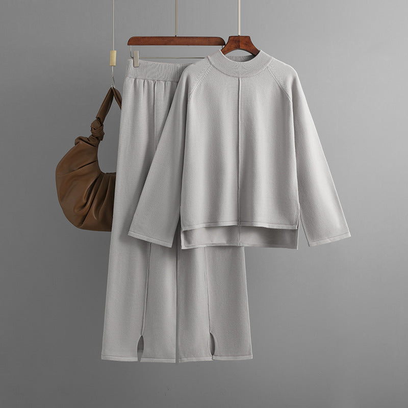 Autumn Winter Loose Solid Color Pullover Sweater Slit Knitted Wide Leg Pants Suit Two-Piece Set