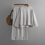 Autumn Winter Loose Solid Color Pullover Sweater Slit Knitted Wide Leg Pants Suit Two-Piece Set