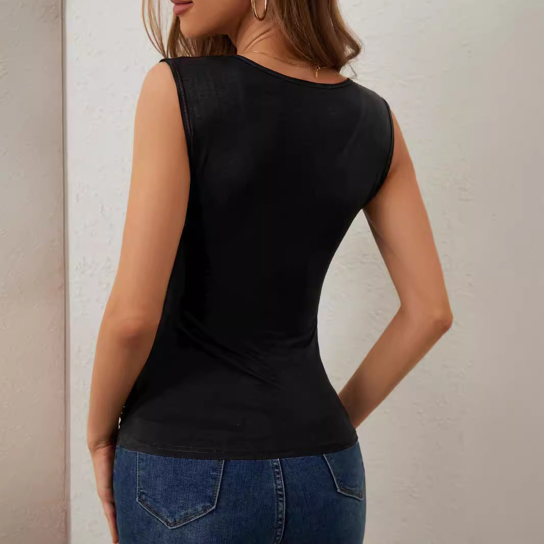 Pleated Rhinestone V-Neck Sleeveless Top