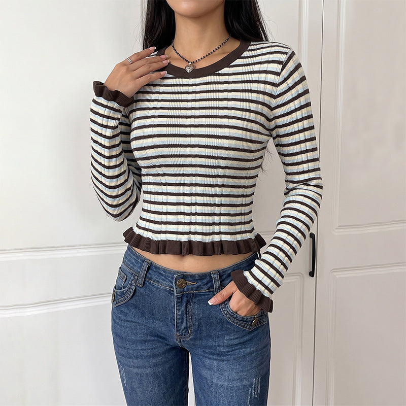 Retro Casual Striped O neck Short Bell Sleeve Sweater for