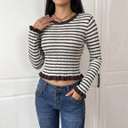 Retro Casual Striped O neck Short Bell Sleeve Sweater for