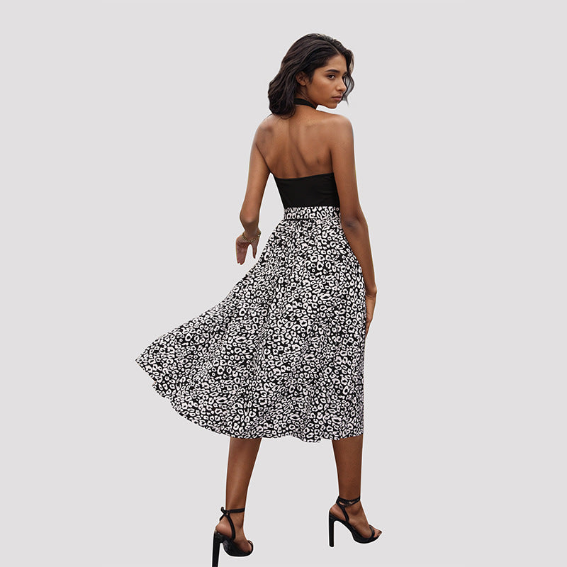 Leopard-Print Patchwork Halter Dress