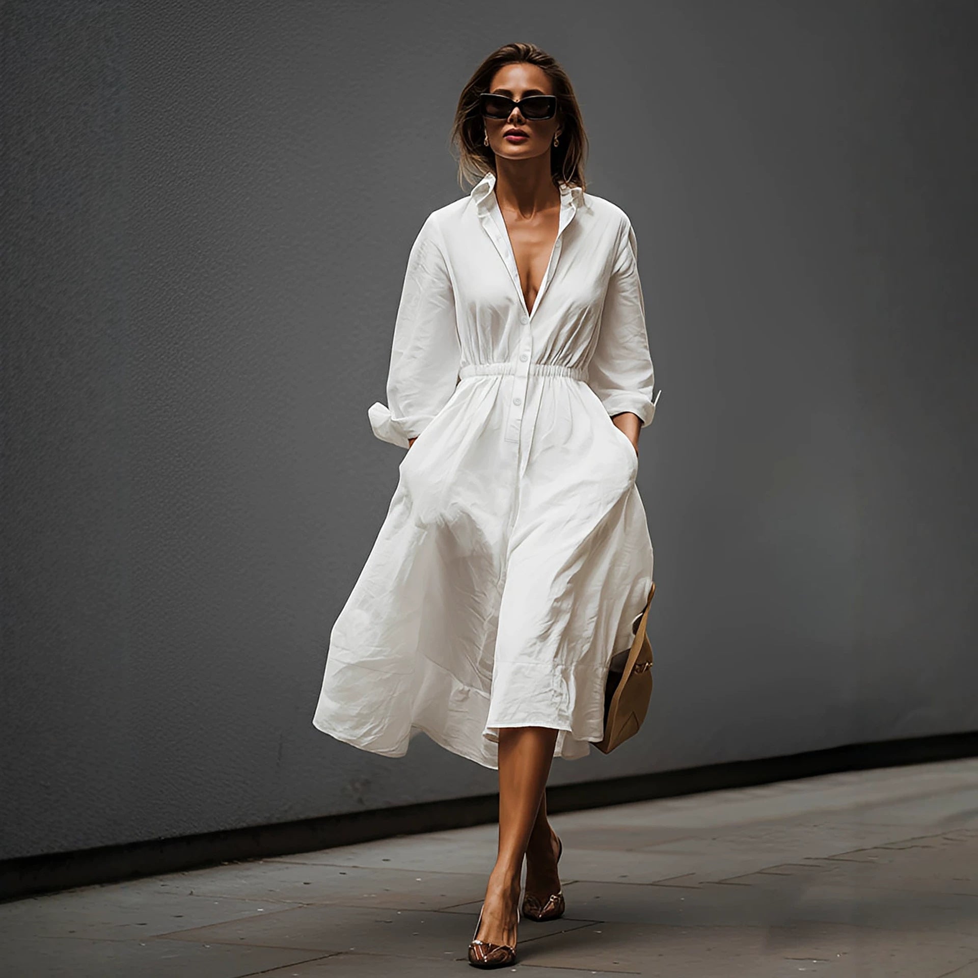 White pleated casual dress with V-neck, button front, belted waist, midi skirt