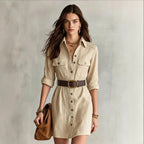 Women's Apricot Belted Shirt Mini Dress