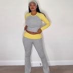 Women's Fall Long Sleeve Round Neck Top Multicolor Slim Trousers Set