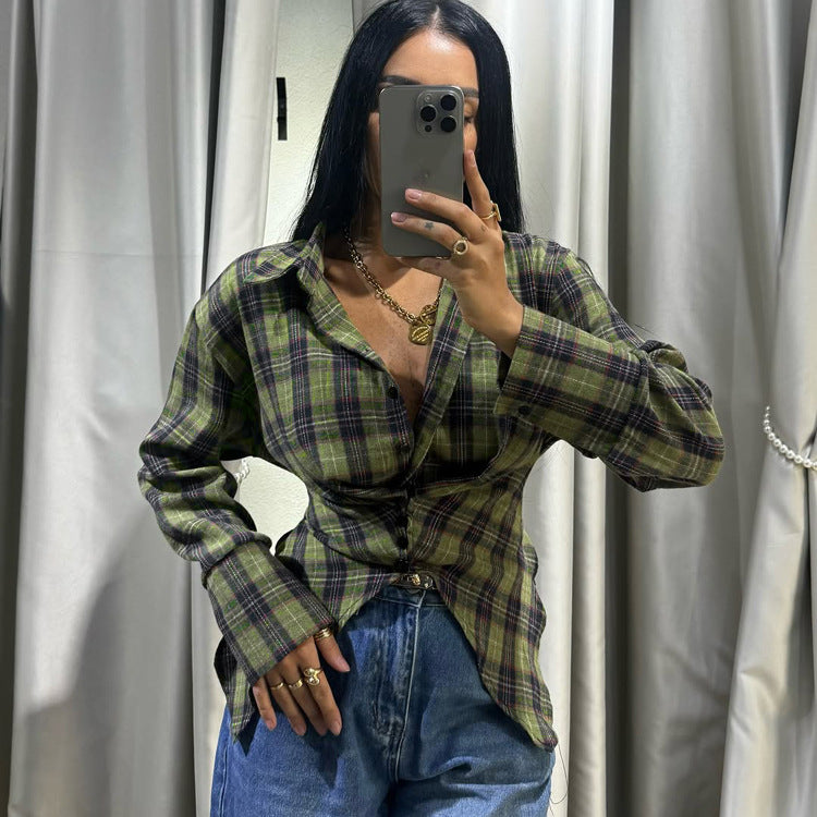Retro Plaid Asymmetric Shirt