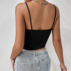 's French Low Cut Solid Color Stitching Buckle Hollow Out Cutout Top
