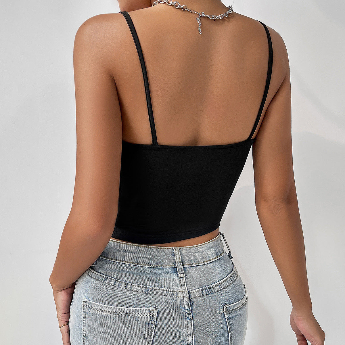 's French Low Cut Solid Color Stitching Buckle Hollow Out Cutout Top