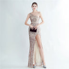 Women's Floral Sequin One-Shoulder Diagonal Collar Side Slit Long Evening Dress