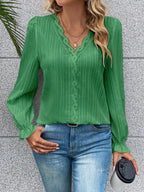Women's Autumn Long Sleeve V Neck Lace Stitching Hollow Out Cutout Women Shirt