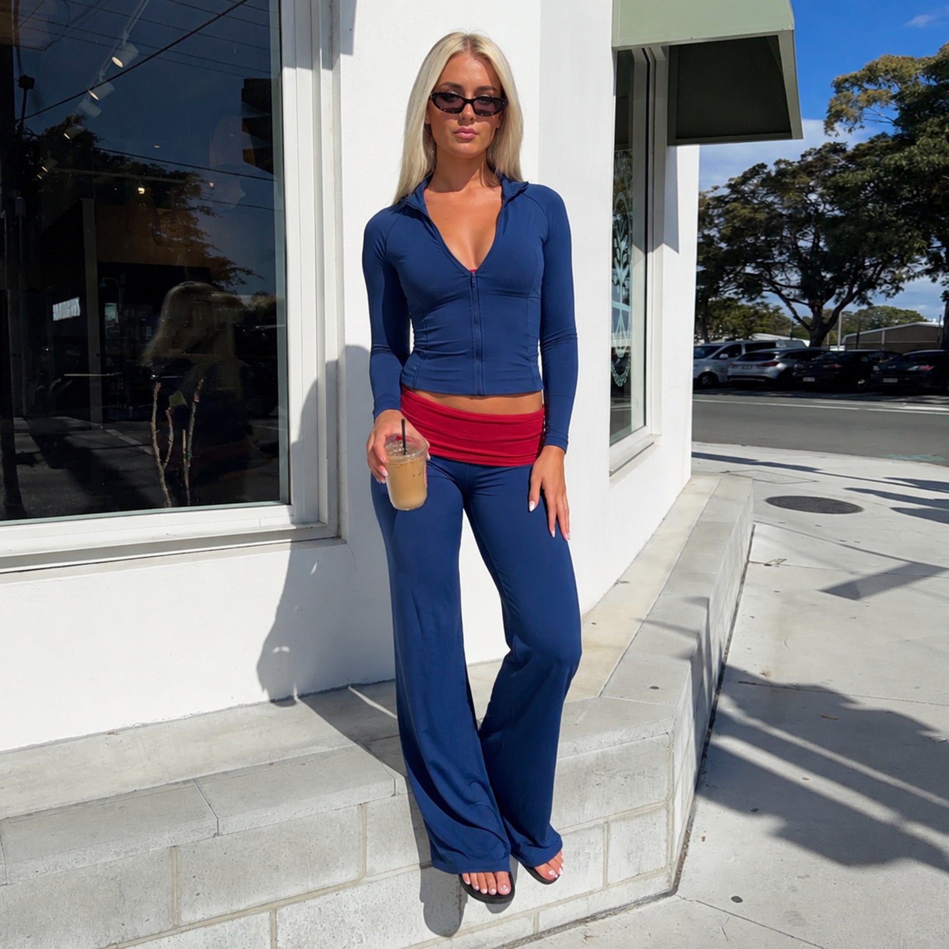 Women's Color-Block Zip Top & Wide-Leg Pants Set