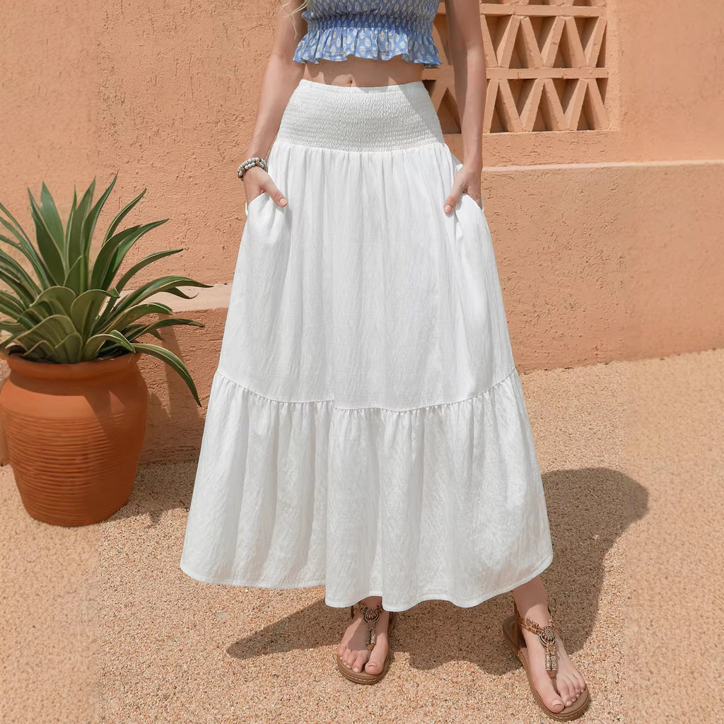 High Waist Smocking Elastic Solid Color Pocket A Line Skirt