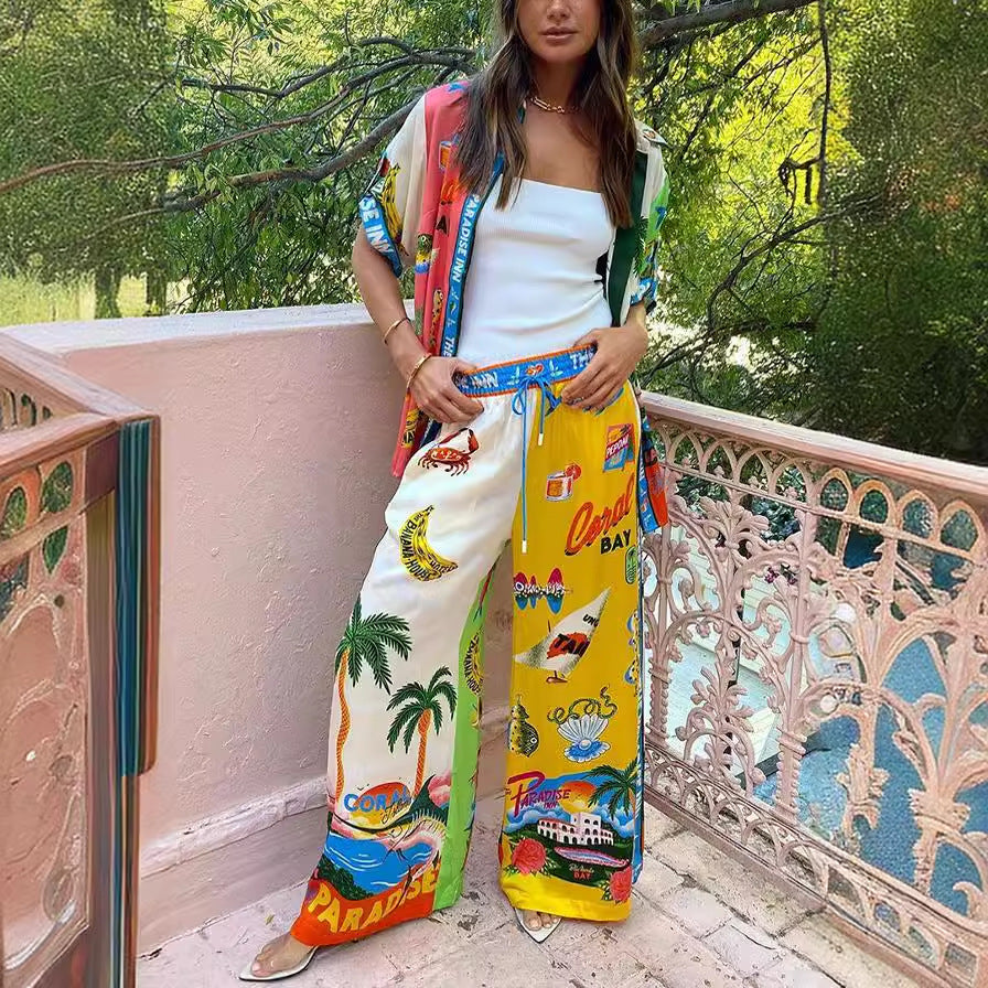 Graffiti Printing Satin Short Sleeve Collared Shirt Trousers Casual Two Piece Suit