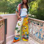 Graffiti Printing Satin Short Sleeve Collared Shirt Trousers Casual Two Piece Suit