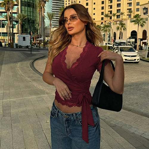 Women's Clothing Lace V Neck Slim Fit Short Sleeved Ribbon Casual T Shirt Top