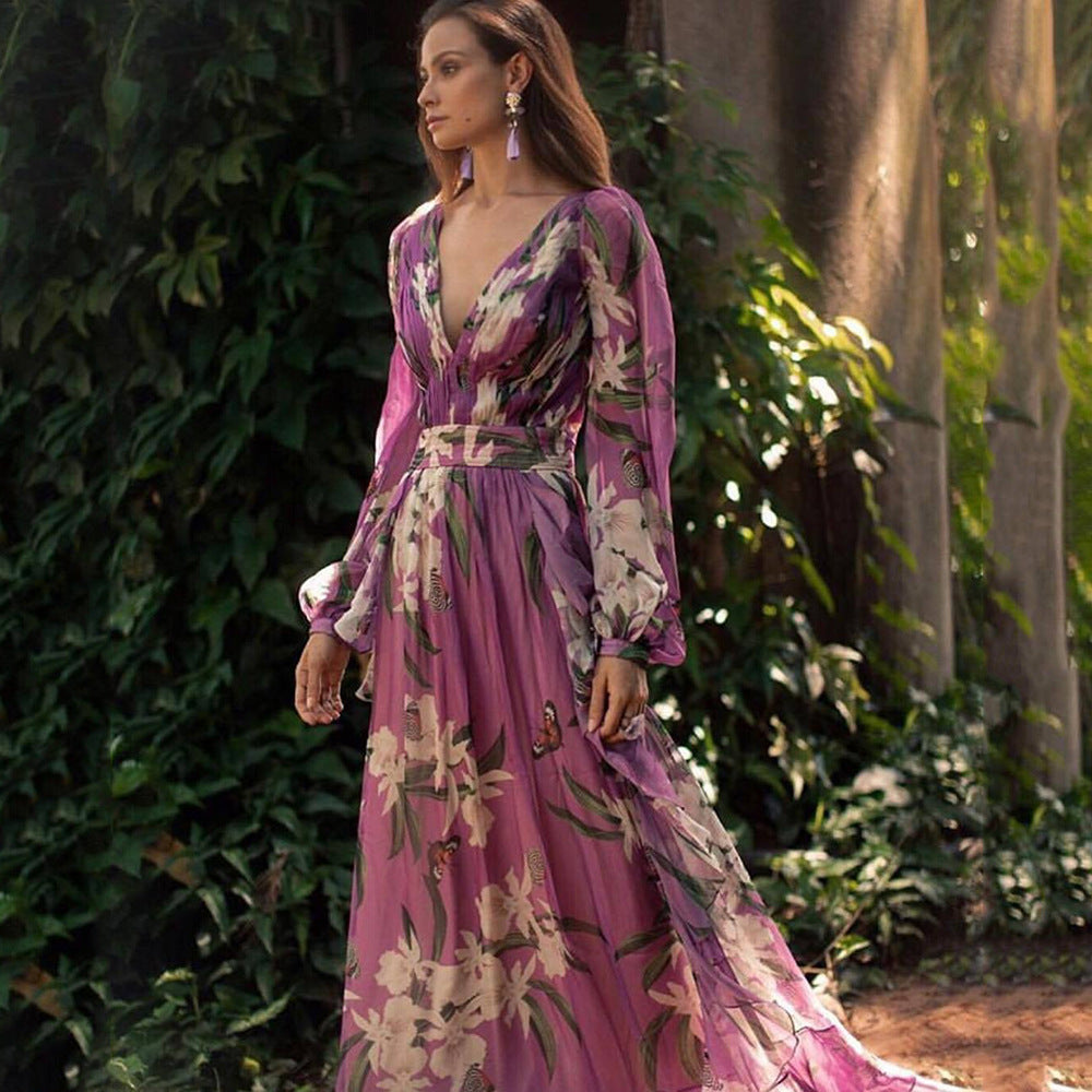 Floral V-Neck Long-Sleeve A-Line Maxi Dress