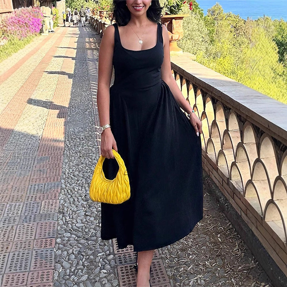 Crew-Neck Ruched Sleeveless A-Line Maxi Dress