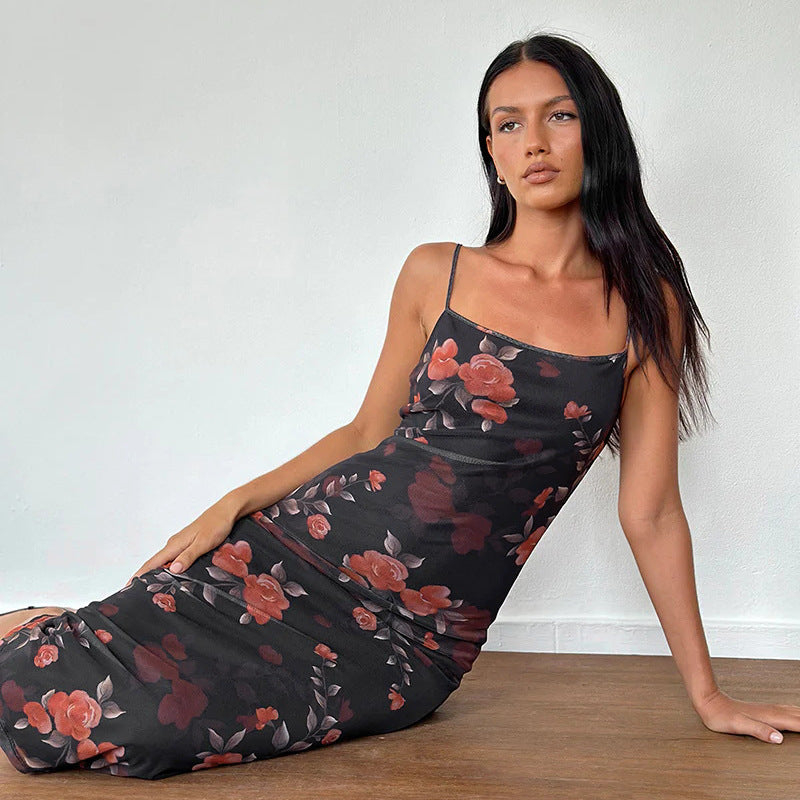 Women's Printed Tulle Strap Midi Dress