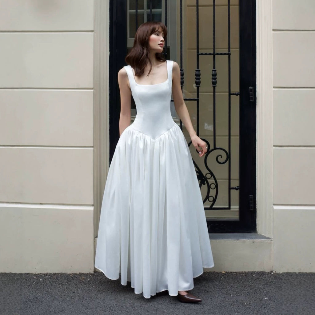 Square Collar Wide Shoulder Strap Satin Light Wedding Dress Boning Corset