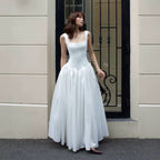 Square Collar Wide Shoulder Strap Satin Light Wedding Dress Boning Corset