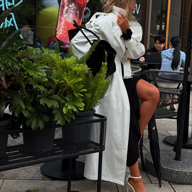 Simple Office Long Trench Coat Women Collared Long Sleeve