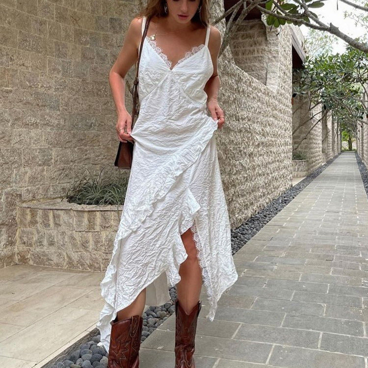 Women's Ivory Backless Lace Asymmetric Cami Dress