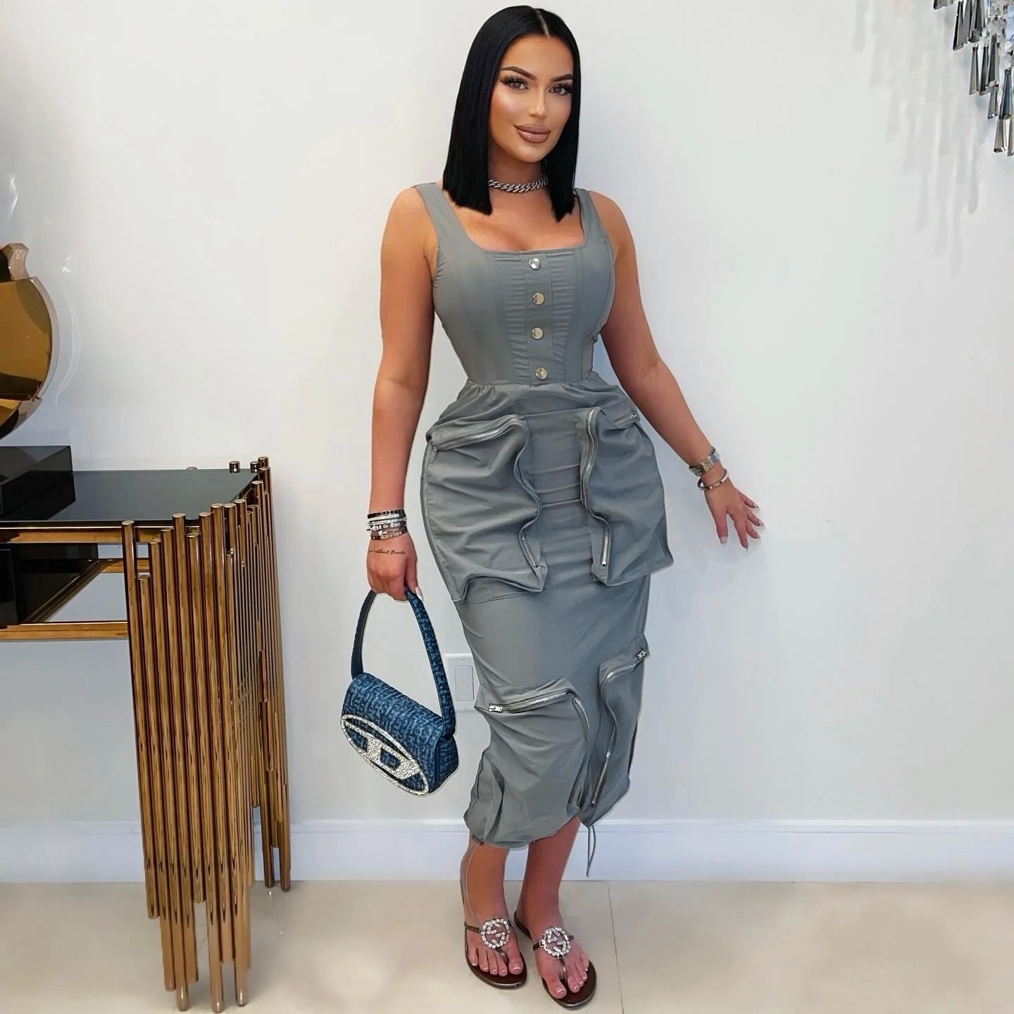 Square-Neck Ruched Pocket Bodycon Maxi Dress