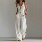 Summer Pocket V neck Vest High Waist Wide Leg Drape Jumpsuit Women
