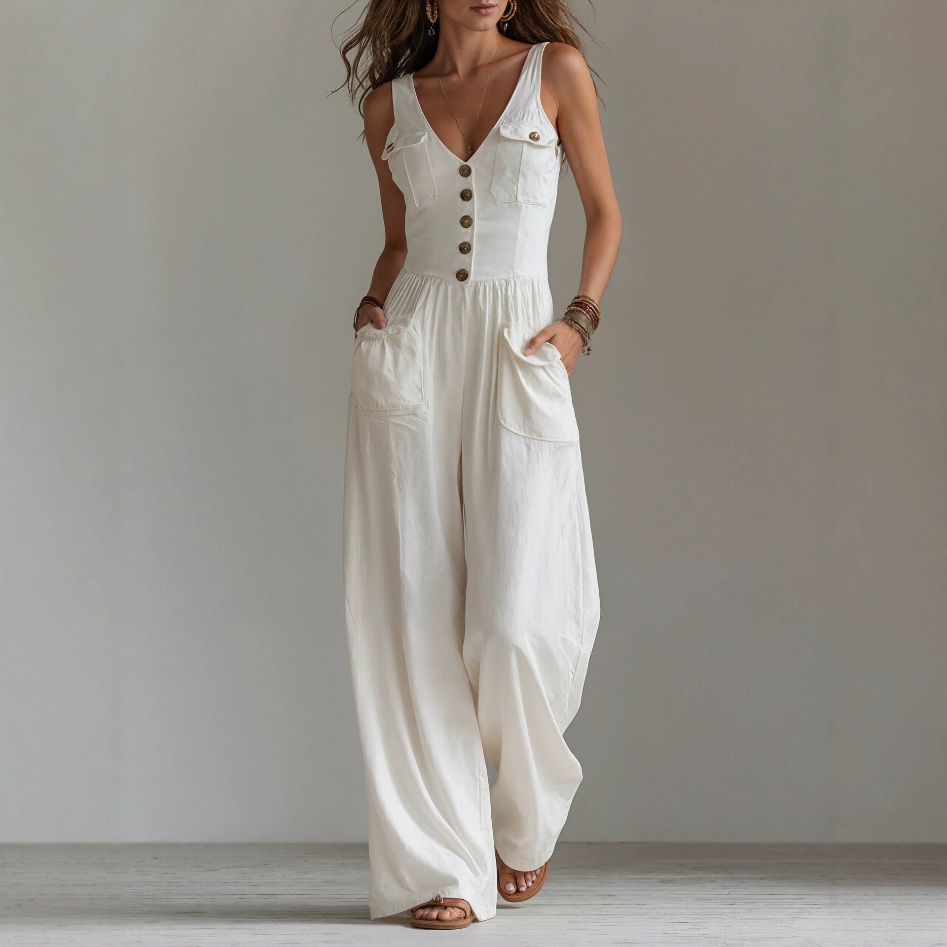 Summer Pocket V neck Vest High Waist Wide Leg Drape Jumpsuit Women