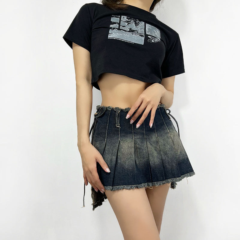 Women's Denim Summer Distressed Frayed Edge High Waist With Skirt
