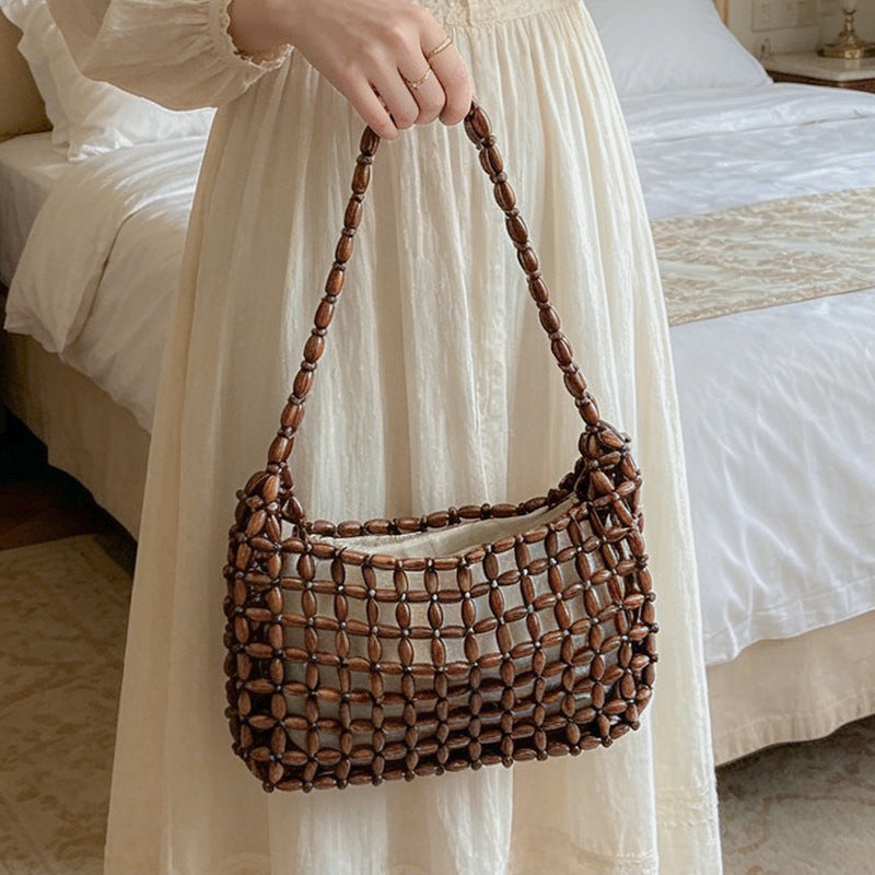 Women's Bohemian Woven Shoulder Bag with Wooden Beads