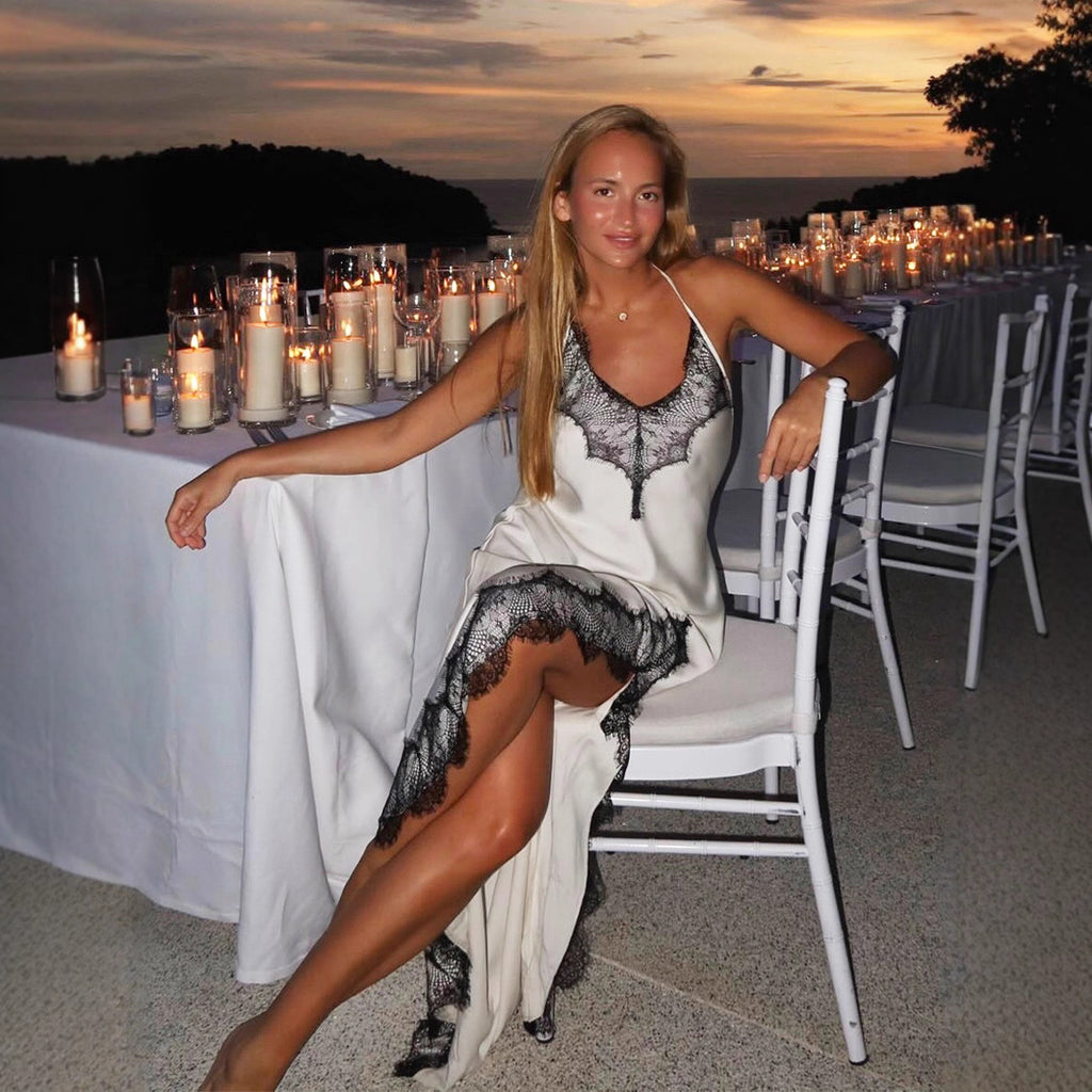 Women's Lace Spaghetti Strap Maxi Dress Summer Artificial Silk Sexy Slit Stitching Lace Dress Women