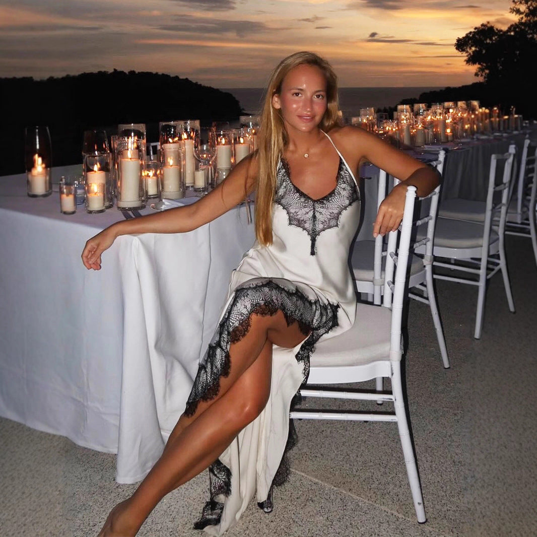 Women's Lace Spaghetti Strap Maxi Dress Summer Artificial Silk Sexy Slit Stitching Lace Dress Women