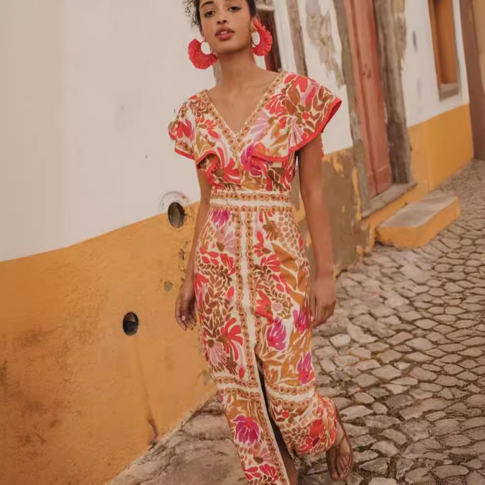 V-Neck Flounce Slit Floral Backless Dress