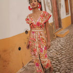 V-Neck Flounce Slit Floral Backless Dress