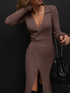 Split Strap Thread Knitted Dress Midi Autumn Winter Polo Collar Long Sleev