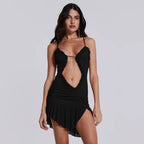Mesh V-Neck Ruffle Bodycon Mini Dress