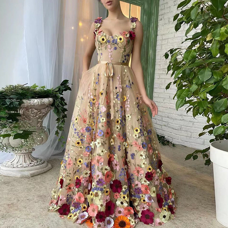 Women's Floral Embroidered V-Neck A-Line Maxi Dress