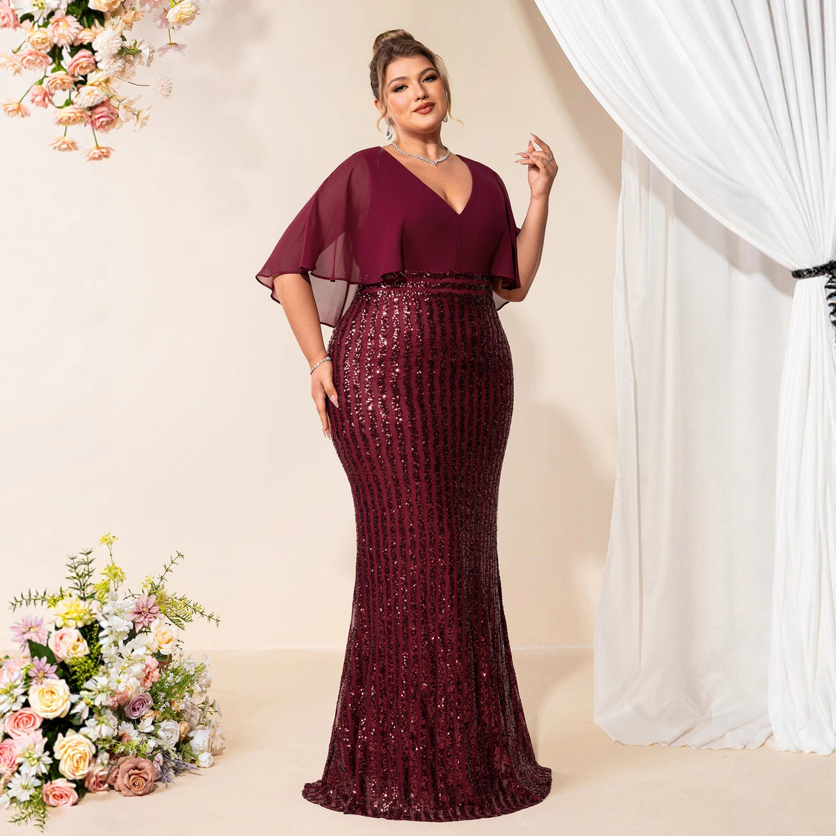 Women's Plus Size Chiffon Stitching Sequin V neck Mid Waist Short Dress