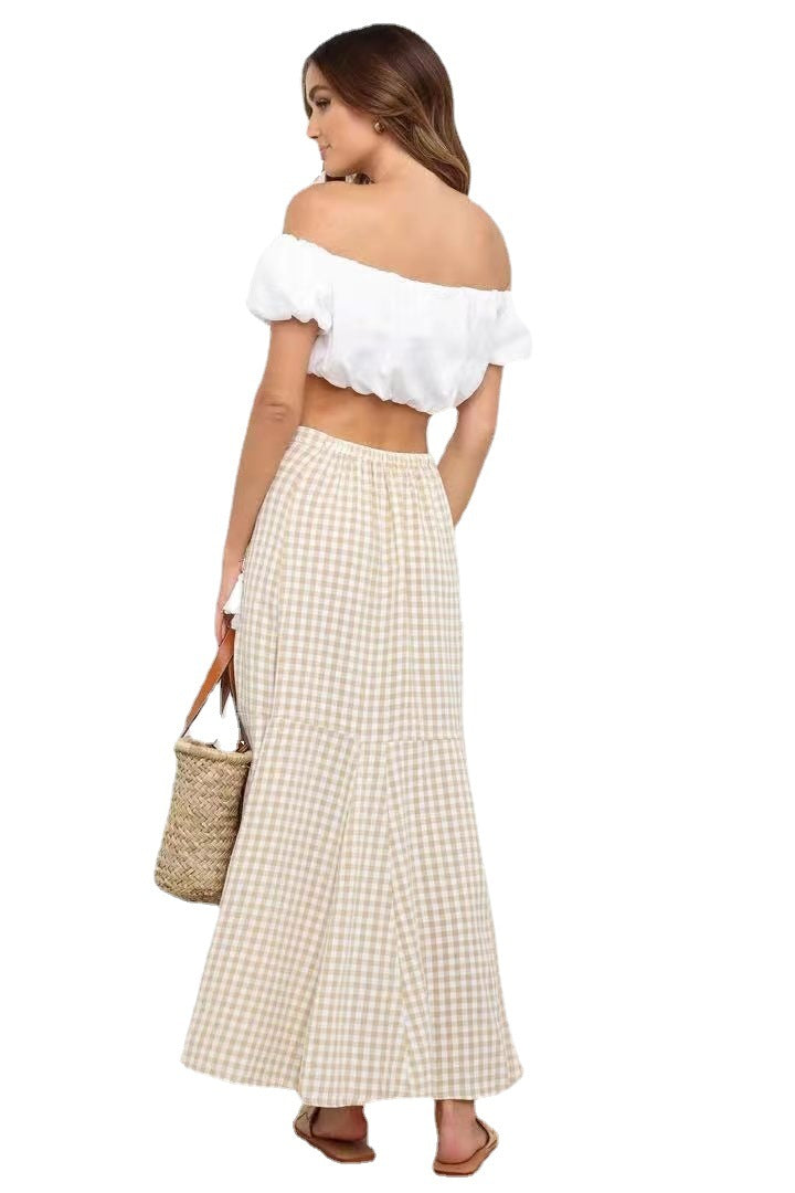 Spring Summer Office Stitching Clinch Mid Waist Skirt