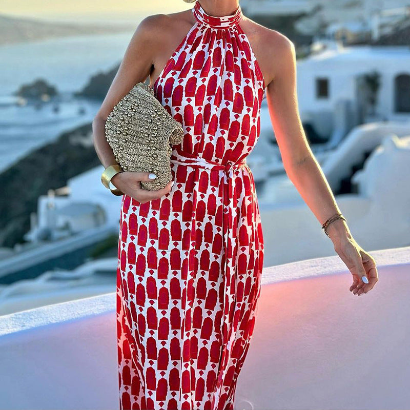 Printed Halter-Neck Split Midi Dress