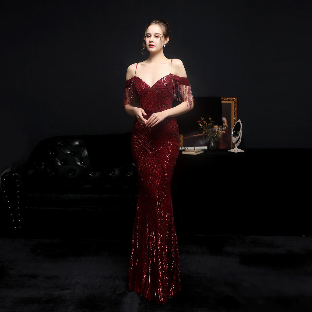 Women's Sequin Fishtail Formal Dress Banquet Etiquette Evening